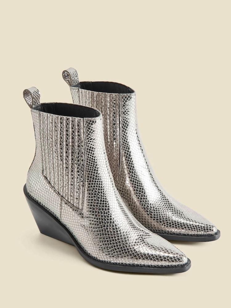Sosandar Silver Leather Western Stack Heel Boots - Image 2 of 5