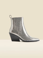 Sosandar Silver Leather Western Stack Heel Boots - Image 3 of 5