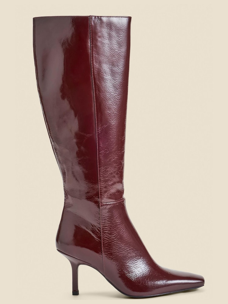 Sosandar Red Leather Square Toe Mid Heel Knee High Boots - Image 1 of 4