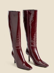 Sosandar Red Leather Square Toe Mid Heel Knee High Boots - Image 2 of 4