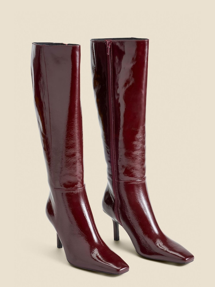 Sosandar Red Leather Square Toe Mid Heel Knee High Boots - Image 2 of 4