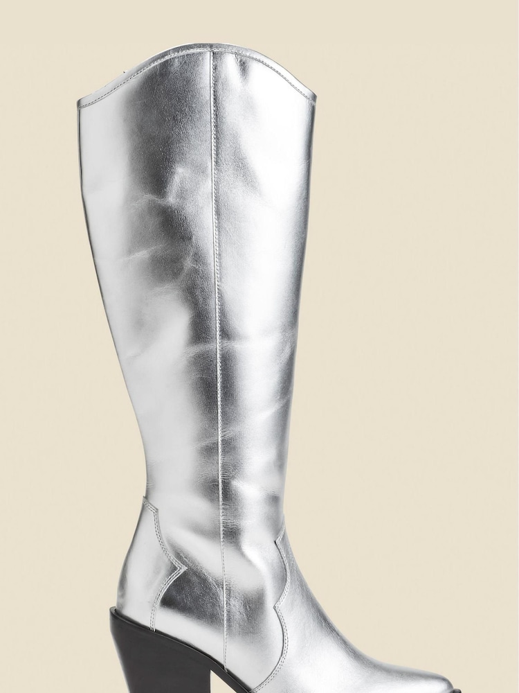Sosandar Silver Leather Knee High Western Boots - Image 1 of 4