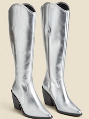 Sosandar Silver Leather Knee High Western Boots - Image 2 of 4