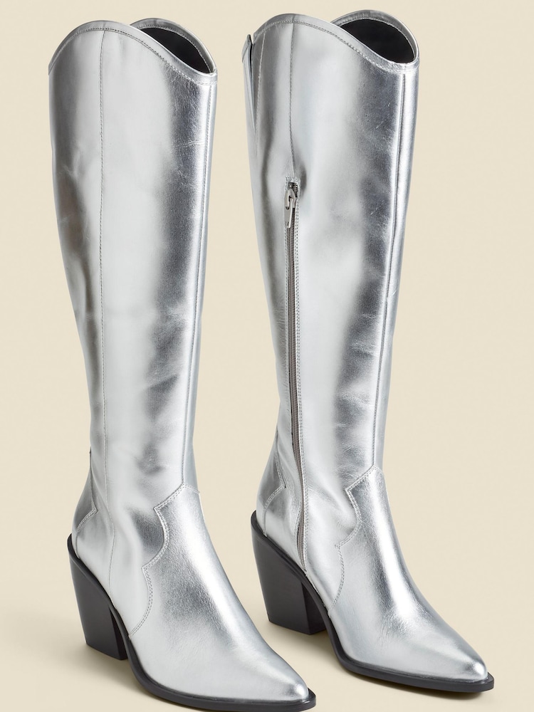 Sosandar Silver Leather Knee High Western Boots - Image 2 of 4