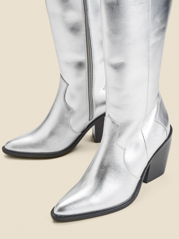 Sosandar Silver Leather Knee High Western Boots - Image 4 of 4