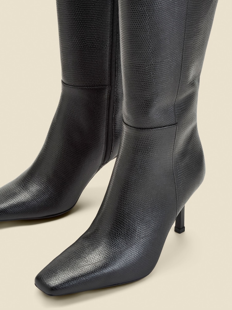 Sosandar Black Leather Square Toe Knee High Boots - Image 2 of 4 Sosandar Black Leather Square Toe Knee High Boots - Image 2 of 4