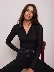 Mint Velvet Black Sheer Rib Polo Shirt - Image 1 of 4