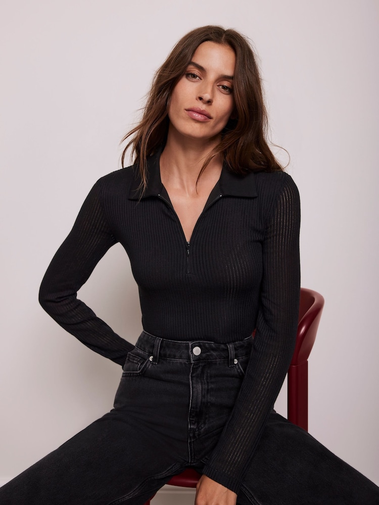 Mint Velvet Black Sheer Rib Polo Shirt - Image 1 of 4