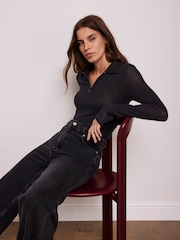 Mint Velvet Black Sheer Rib Polo Shirt - Image 2 of 4