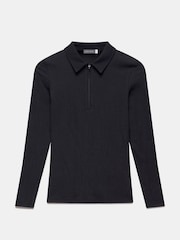 Mint Velvet Black Sheer Rib Polo Shirt - Image 3 of 4