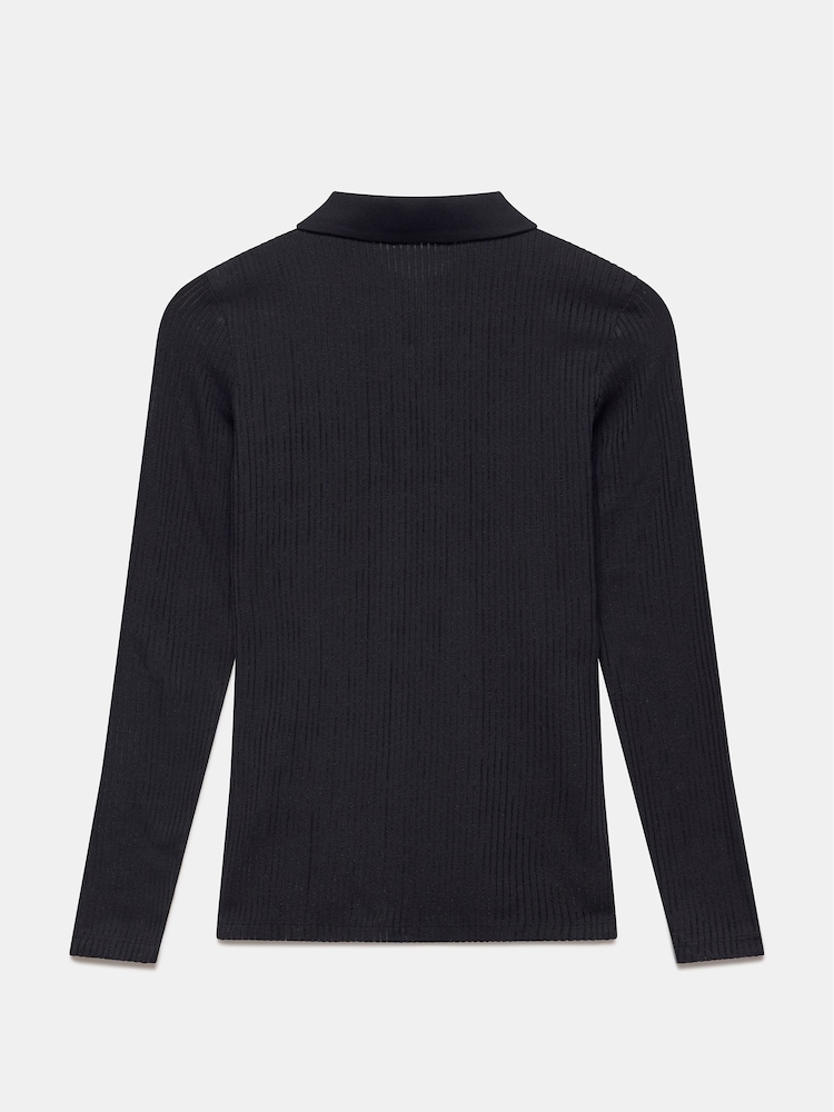Mint Velvet Black Sheer Rib Polo Shirt - Image 4 of 4