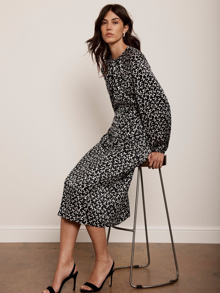 Mint Velvet Black Bow Print Midi Dress - Image 1 of 1 Mint Velvet Black Bow Print Midi Dress - Image 1 of 1