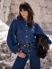 Mint Velvet Blue Wash Puff Sleeve Denim 100% Cotton Blouse - Image 1 of 4