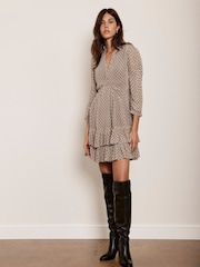 Mint Velvet Cream Ruffle Hem Jacquard Mini Dress - Image 1 of 4