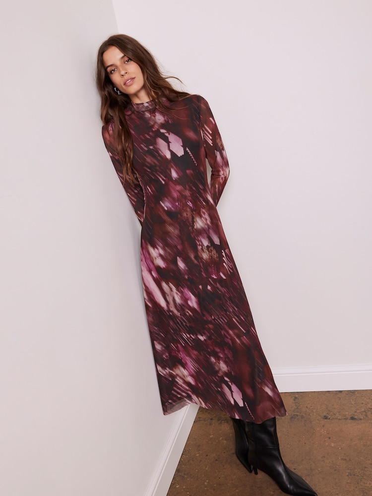 Mint Velvet Red Abstract Print Mesh Midi Dress - Image 2 of 4 Mint Velvet Red Abstract Print Mesh Midi Dress - Image 2 of 4