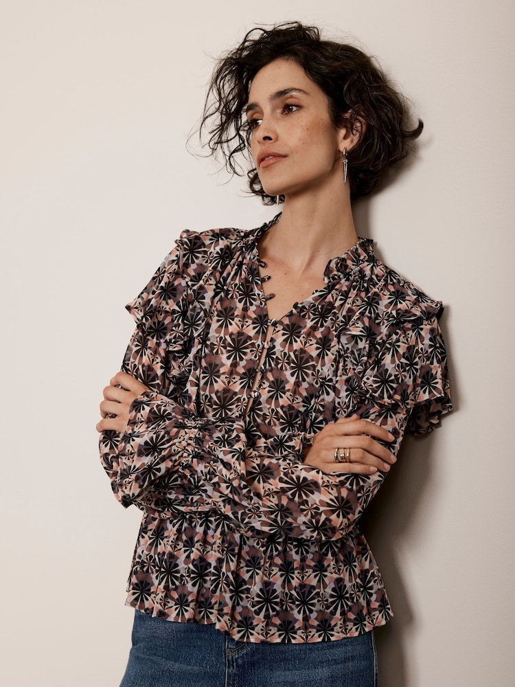 Mint Velvet Cream Geo Print Ruffle Blouse - Image 1 of 4 Mint Velvet Cream Geo Print Ruffle Blouse - Image 1 of 4
