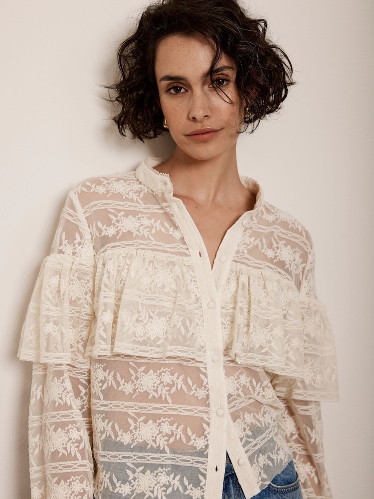 Mint Velvet Cream Lace Ruffle Top - Image 1 of 4