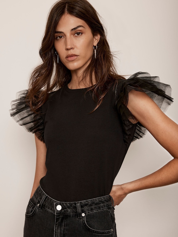Mint Velvet Black Organza Sleeve 100% Cotton T-Shirt - Image 1 of 4