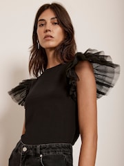 Mint Velvet Black Organza Sleeve 100% Cotton T-Shirt - Image 2 of 4