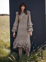Mint Velvet Brown Leopard Print Ruffle Midi Dress - Image 1 of 4