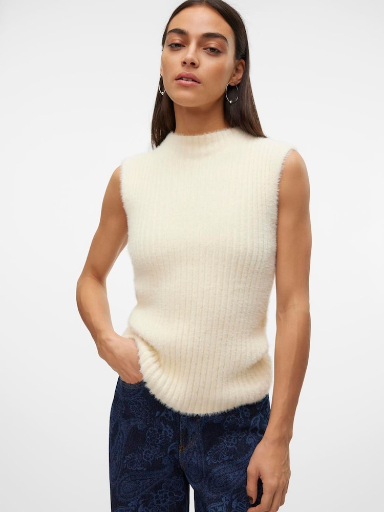 VERO MODA Cream Fluffy Eyelash Knitted Sleeveless Jumper - Image 1 of 4 VERO MODA Cream Fluffy Eyelash Knitted Sleeveless Jumper - Image 1 of 4