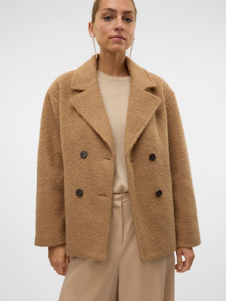 VERO MODA Brown Short Textured Boucle Tailored Coat - Image 1 of 4
