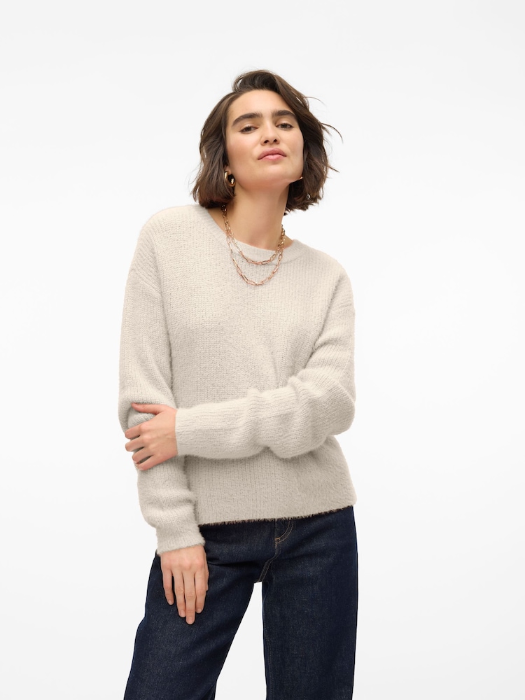 VERO MODA Cream Long Sleeve Round Neck Knitted Pullover Jumper - Image 1 of 5
