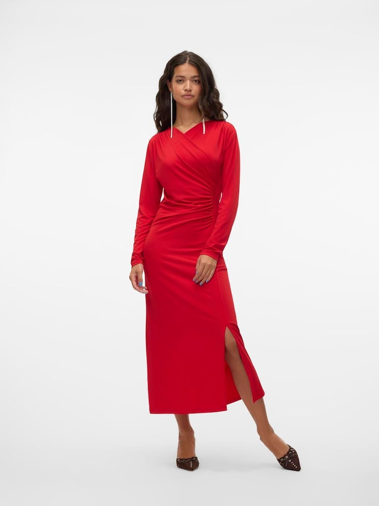 VERO MODA Red Long Sleeve V-Neck Jersey Midaxi Dress - Image 1 of 5