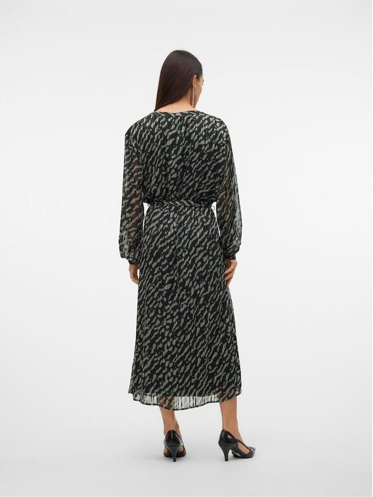 VERO MODA Green Chiffon Belted Animal Midi Dress - Image 2 of 5