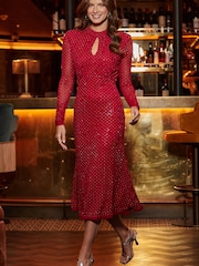 Sosandar Red Petite Sparkle Key Hole Detail Fit & Flare Dress - Image 1 of 5