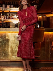 Sosandar Red Petite Sparkle Key Hole Detail Fit & Flare Dress - Image 2 of 5