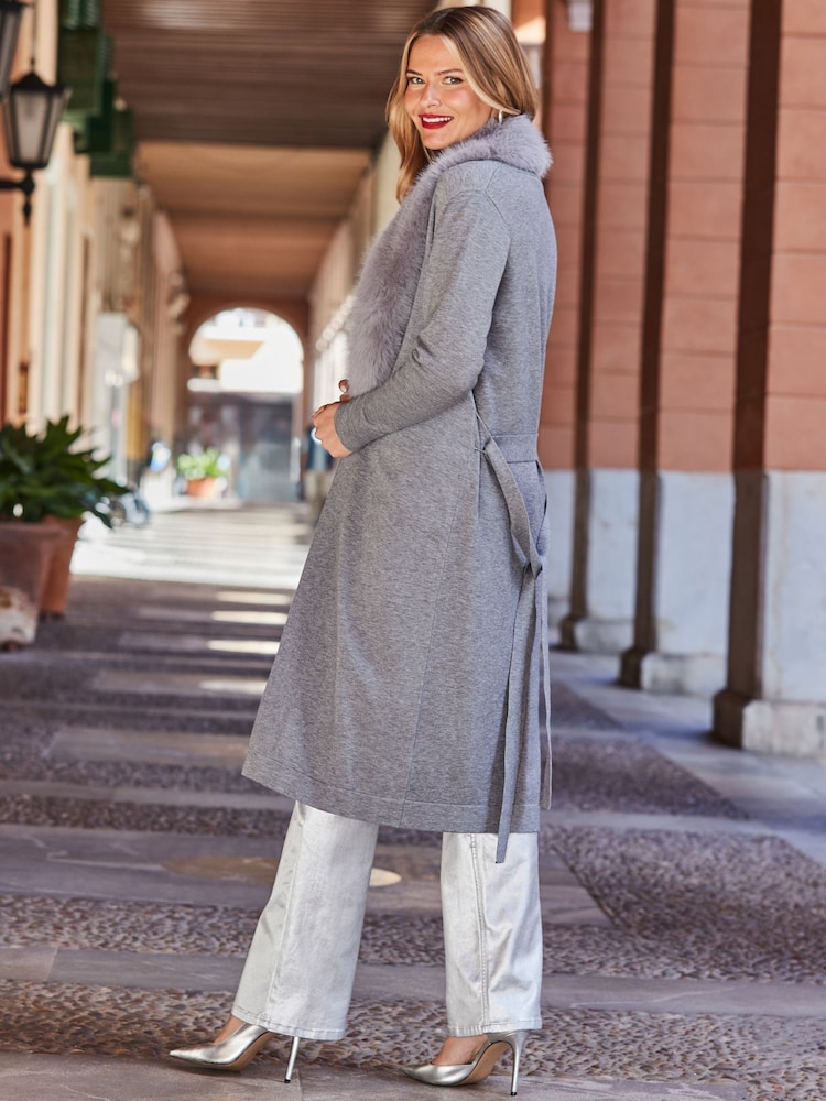 Sosandar Grey Faux Fur Collar Longline Cardigan - Image 3 of 5
