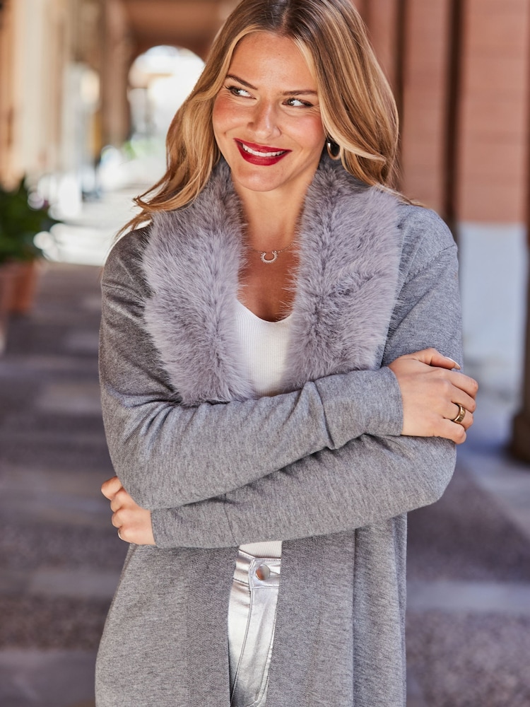 Sosandar Grey Faux Fur Collar Longline Cardigan - Image 4 of 5