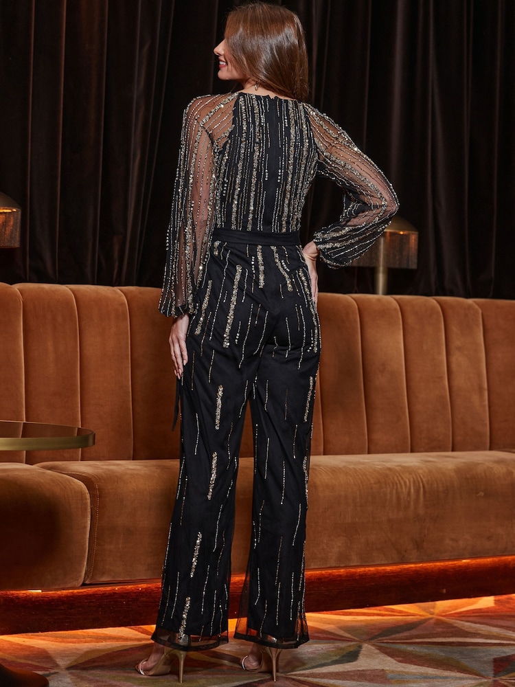 Sosandar Black Luxe Embellishment Jumpsuit - Image 3 of 5