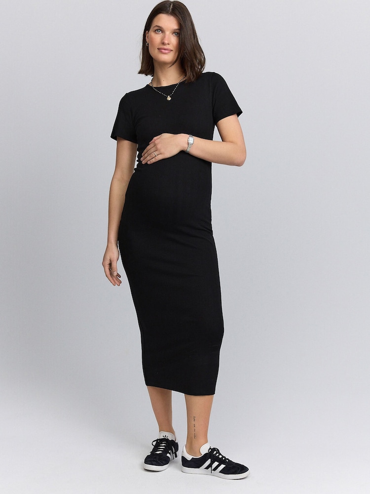 Black Maternity Ribbed Midaxi Dress - Image 1 of 9