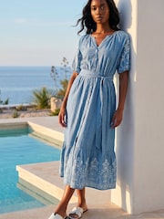 Roman Blue Petite Cotton Embroidered Midi Dress - Image 2 of 4