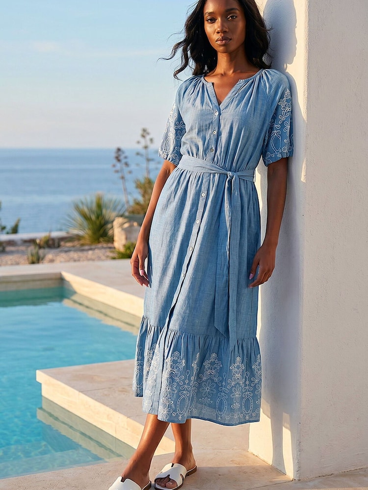 Roman Blue Petite Cotton Embroidered Midi Dress - Image 2 of 4 Roman Blue Petite Cotton Embroidered Midi Dress - Image 2 of 4