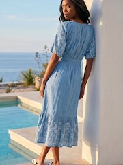 Roman Blue Petite Cotton Embroidered Midi Dress - Image 3 of 4