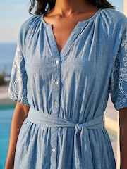 Roman Blue Petite Cotton Embroidered Midi Dress - Image 4 of 4