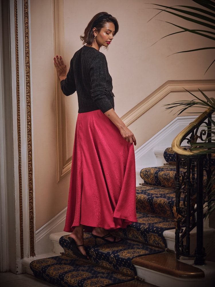 FatFace Malia Red Jacquard Midi Skirt - Image 2 of 5