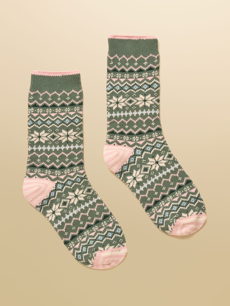 Joules Lucille Green/Pink Fairisle Socks - Image 1 of 3 Joules Lucille Green/Pink Fairisle Socks - Image 1 of 3