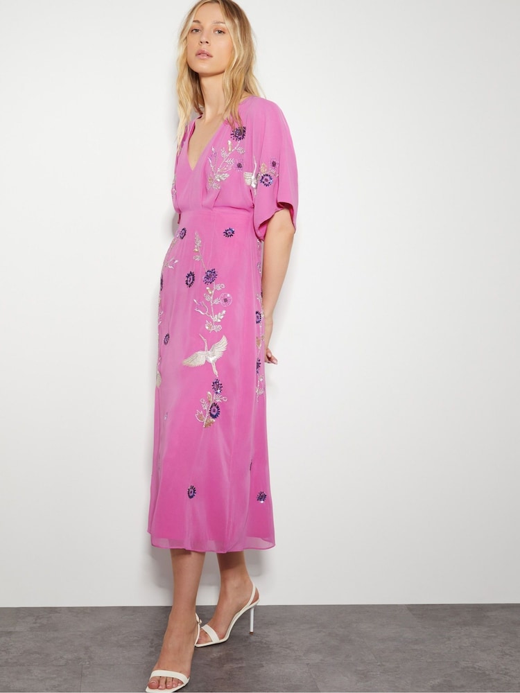 Monsoon Pink Rosalie Embellished Midi Kimono Dress - Image 1 of 5