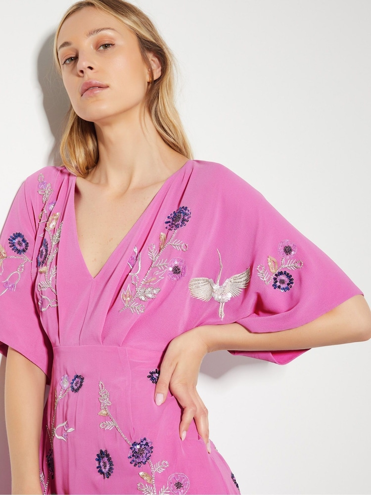 Monsoon Pink Rosalie Embellished Midi Kimono Dress - Image 2 of 5 Monsoon Pink Rosalie Embellished Midi Kimono Dress - Image 2 of 5
