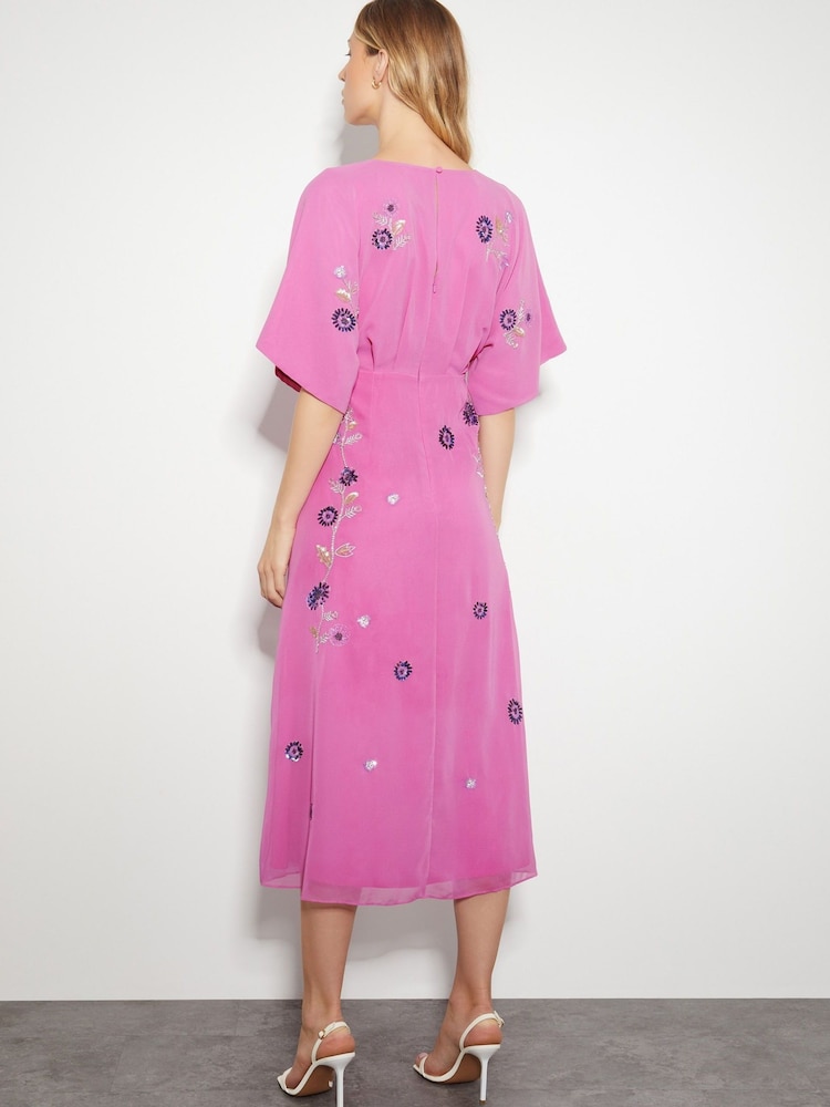 Monsoon Pink Rosalie Embellished Midi Kimono Dress - Image 3 of 5