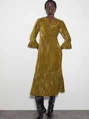 Monsoon Green Mabel V-Front Crushed Velvet Midi Dress - Image 1 of 5