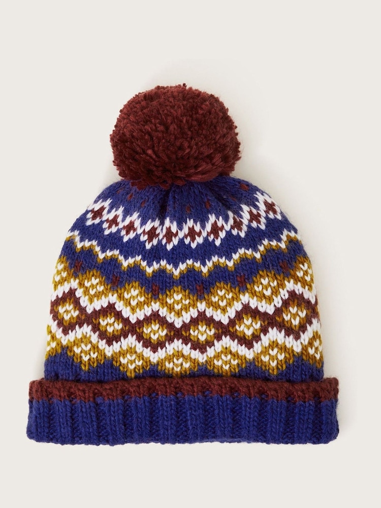 Monsoon Blue Fairisle Pattern Winter Knitted Bobble Hat - Image 1 of 2