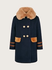 Monsoon Blue Military Faux Fur Trim Coat - Image 1 of 3