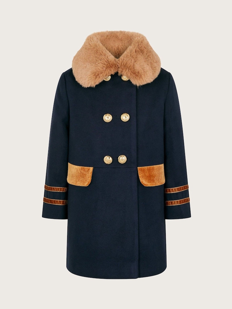 Monsoon Blue Military Faux Fur Trim Coat - Image 1 of 3
