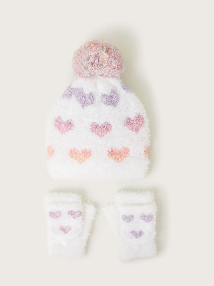 Monsoon White Neon Hearts Fluffy Hat and Gloves Set - Image 1 of 3