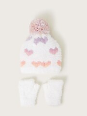 Monsoon White Neon Hearts Fluffy Hat and Gloves Set - Image 2 of 3